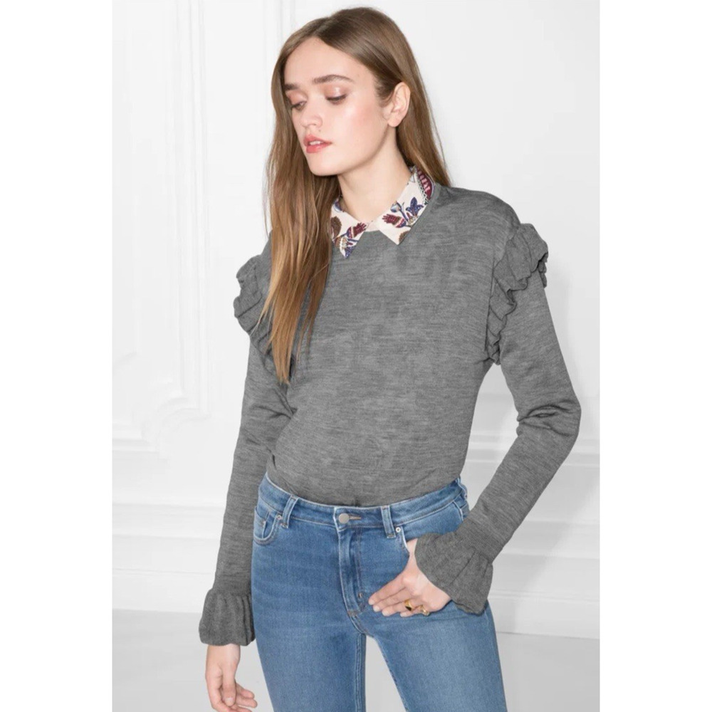 & OTHER STORIES Women M Sweater Frill 100% Merino Wool Long Sleeve Gray